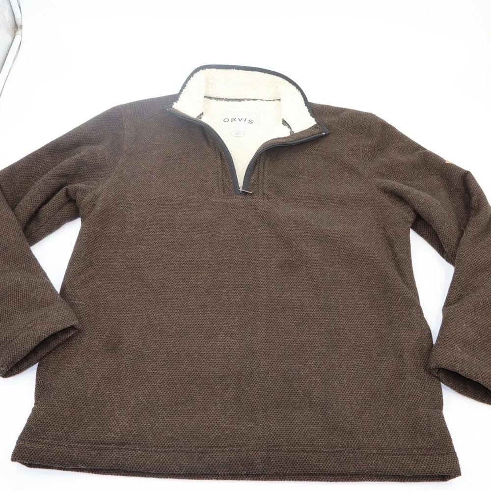Orvis Brown Textured Knit‎ Quarter Zip Pullover Sherpa Lined Collar Mens Medium